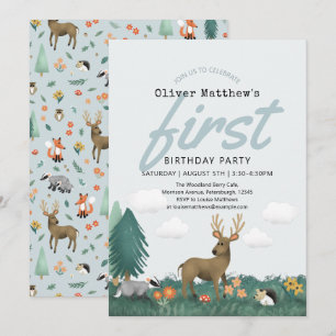 Cute & Rustic Woodland Forest Animals 1st Birthday Invitation