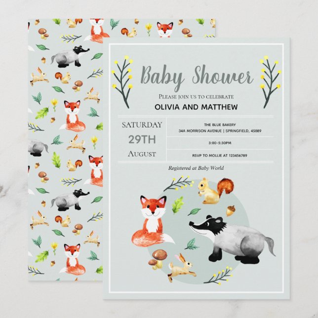 Cute Rustic Woodland Forest Animals Baby Shower Invitation (Front/Back)