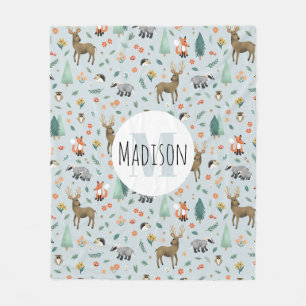 Cute Rustic Woodland Forest Animals Kids Monogram Fleece Blanket