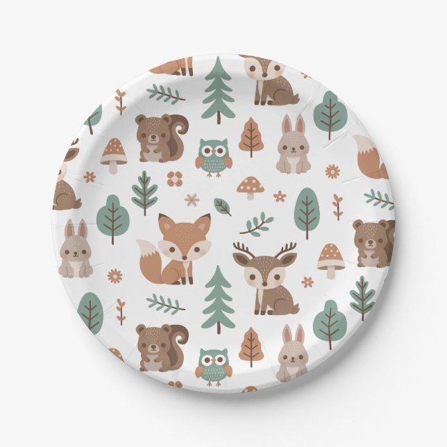 Cute Rustic Woodlands Animals Pattern Baby Shower Paper Plate (Front)