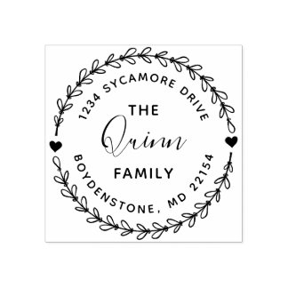 Cute Rustic Wreath Family Name Return Address Rubber Stamp