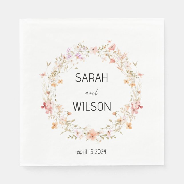 Cute Rustic Yellow Meadow Floral Wreath wedding Napkin (Front)