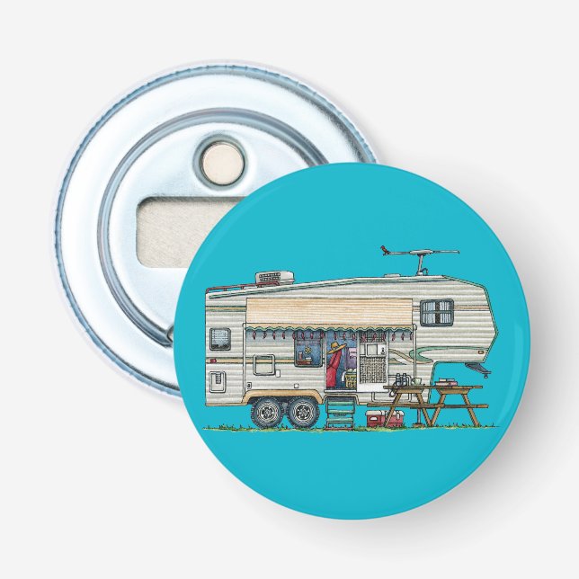 Cute RV Vintage Fifth Wheel Camper Travel Trailer Bottle Opener (Front)
