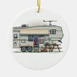 Cute RV Vintage Fifth Wheel Camper Travel Trailer Ceramic Tree Decoration