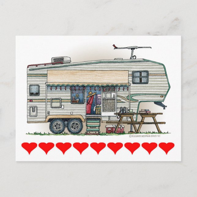 Cute RV Vintage Fifth Wheel Camper Travel Trailer Postcard (Front)