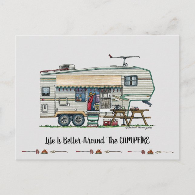 Cute RV Vintage Fifth Wheel Camper Travel Trailer Postcard (Front)