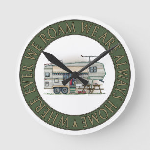 Cute RV Vintage Fifth Wheel Camper Travel Trailer Round Clock