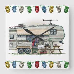 Cute RV Vintage Fifth Wheel Camper Travel Trailer Square Wall Clock