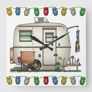 Cute RV Vintage Glass Egg Camper Travel Trailer Square Wall Clock