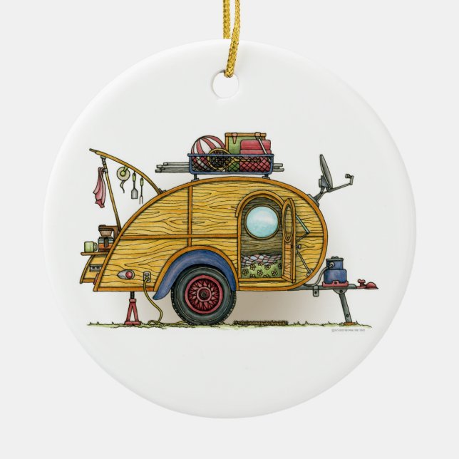Cute RV Vintage Teardrop  Camper Travel Trailer Ceramic Tree Decoration (Front)