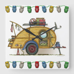 Cute RV Vintage Teardrop  Camper Travel Trailer Square Wall Clock