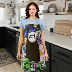 Cute Sable Ferret Wildflowers Green Woodland Apron