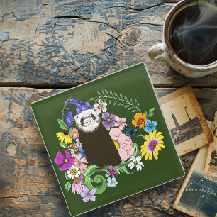 Cute Sable Ferret Wildflowers Green Woodland Glass Coaster