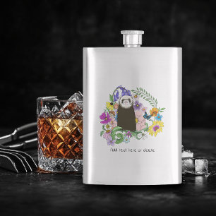 Cute Sable Ferret Wildflowers Green Woodland Hip Flask