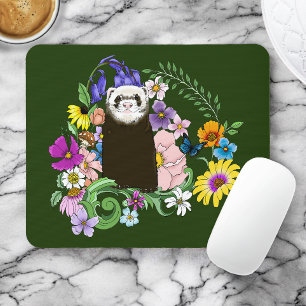 Cute Sable Ferret Wildflowers Green Woodland Mouse Mat