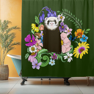 Cute Sable Ferret Wildflowers Green Woodland Shower Curtain