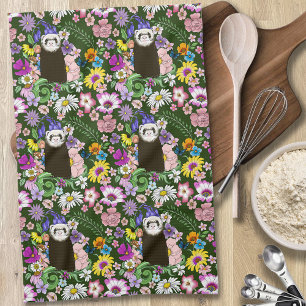 Cute Sable Ferret Wildflowers Green Woodland Tea Towel