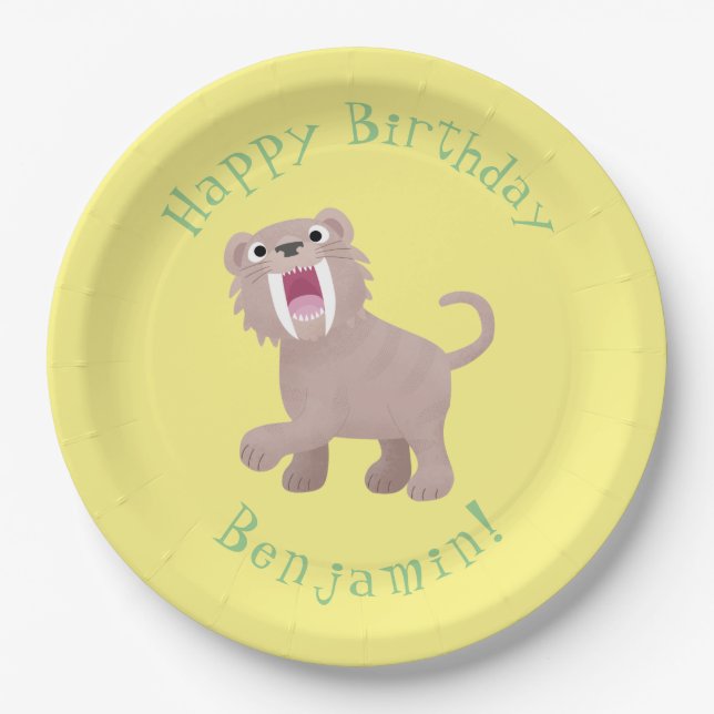 Cute Sabre Toothed Tiger Smilodon cartoon Paper Plate (Front)