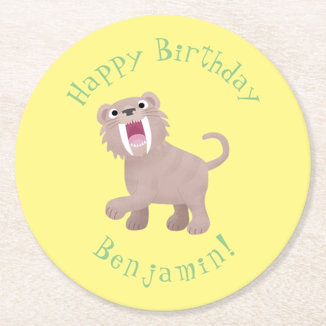 Cute Sabre Toothed Tiger Smilodon cartoon Round Paper Coaster (Front)
