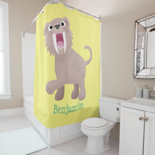 Cute Sabre Toothed Tiger Smilodon cartoon Shower Curtain (In Situ)