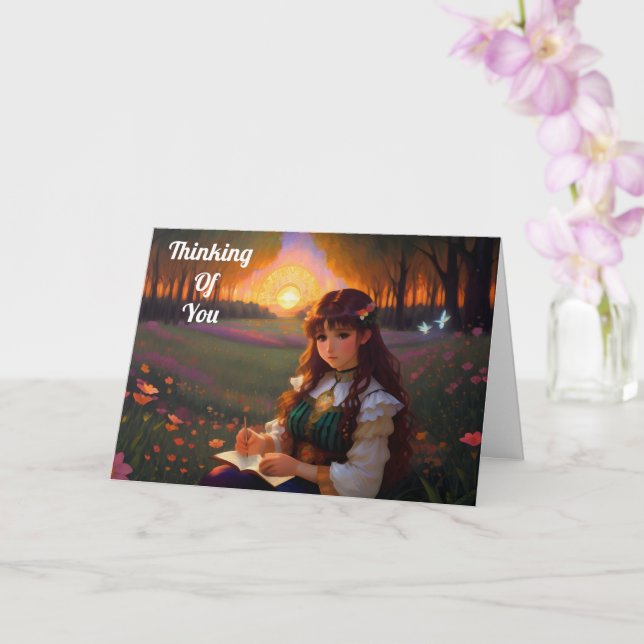 Cute Sad Anime Style Woman in Meadow at Sunset Card (Orchid)