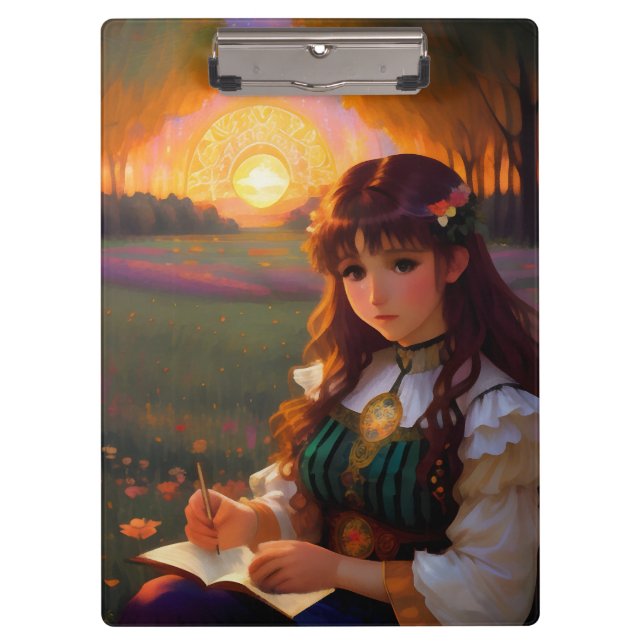 Cute Sad Anime Style Woman in Meadow at Sunset Clipboard (Front)