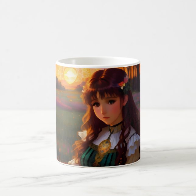 Cute Sad Anime Style Woman in Meadow at Sunset Coffee Mug (Center)