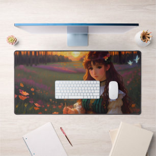 Cute Sad Anime Style Woman in Meadow at Sunset Desk Mat