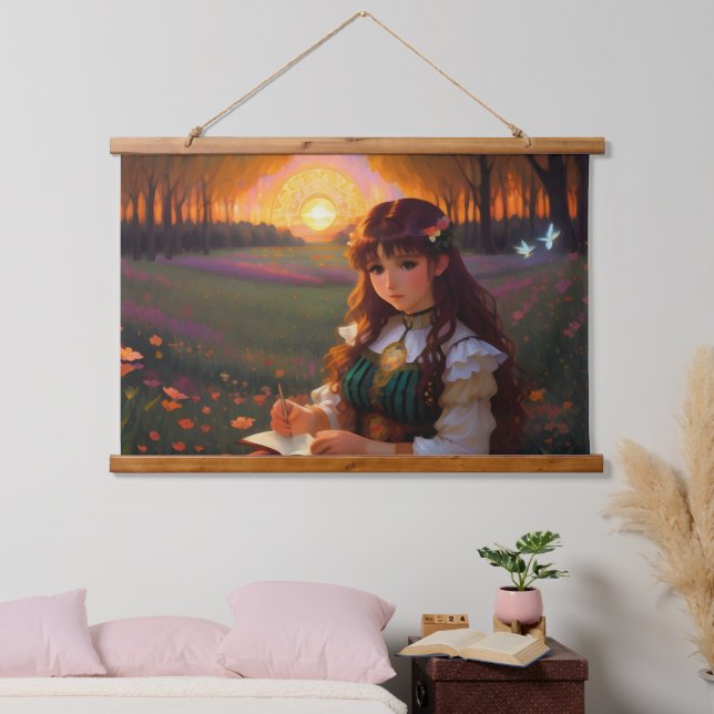 Cute Sad Anime Style Woman in Meadow at Sunset Hanging Tapestry (Bedroom)