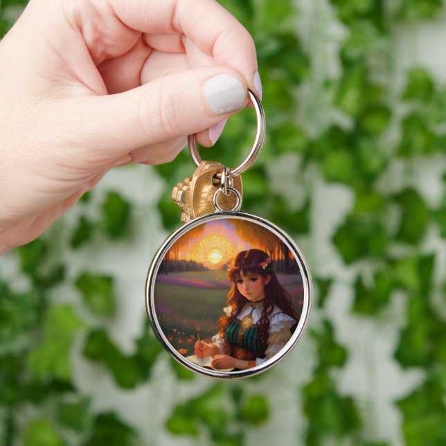 Cute Sad Anime Style Woman in Meadow at Sunset Key Ring (Hand)