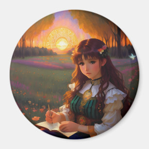 Cute Sad Anime Style Woman in Meadow at Sunset Magnet