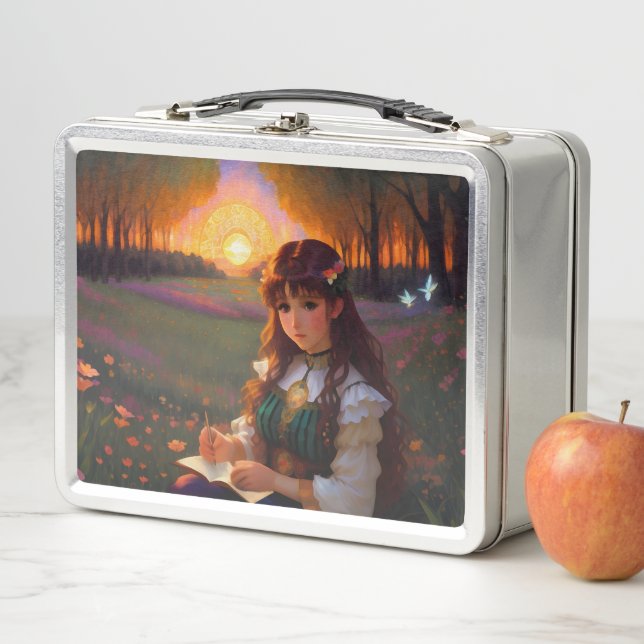 Cute Sad Anime Style Woman in Meadow at Sunset Metal Lunch Box (In Situ)