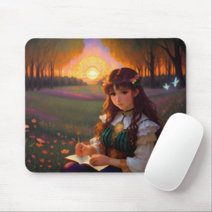Cute Sad Anime Style Woman in Meadow at Sunset Mouse Mat