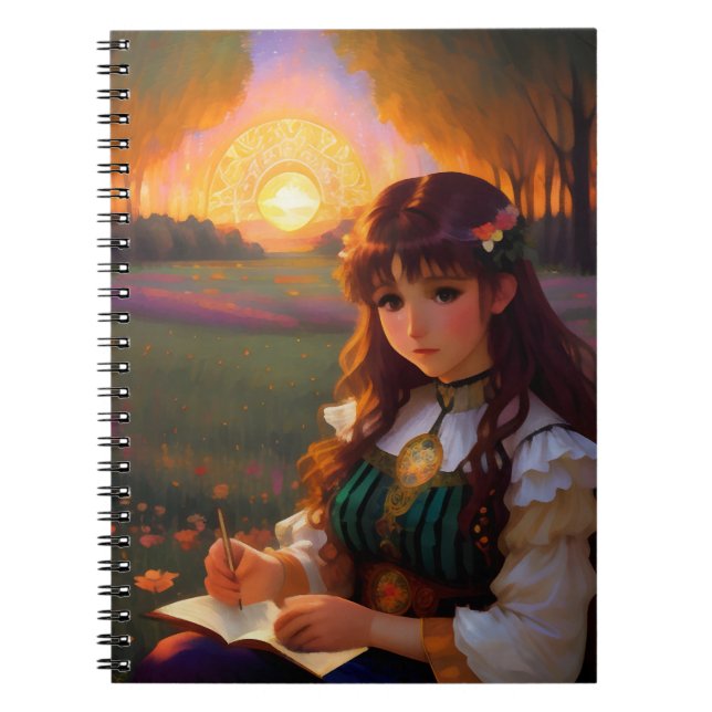 Cute Sad Anime Style Woman in Meadow at Sunset Notebook (Front)