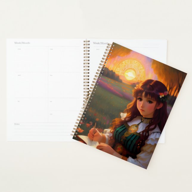 Cute Sad Anime Style Woman in Meadow at Sunset Planner (Display)