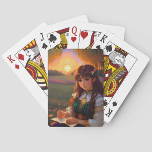 Cute Sad Anime Style Woman in Meadow at Sunset Playing Cards