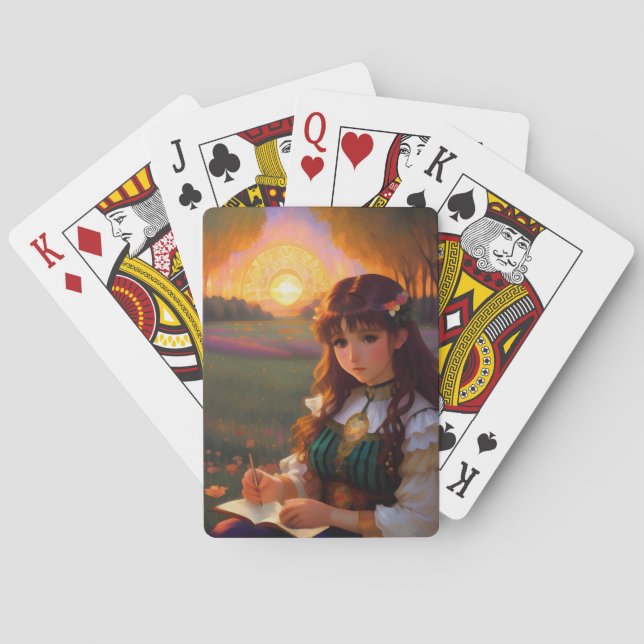 Cute Sad Anime Style Woman in Meadow at Sunset Playing Cards (Back)