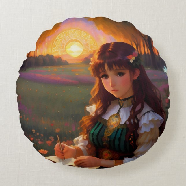 Cute Sad Anime Style Woman in Meadow at Sunset Round Cushion (Front)