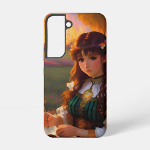 Cute Sad Anime Style Woman in Meadow at Sunset Samsung Galaxy Case
