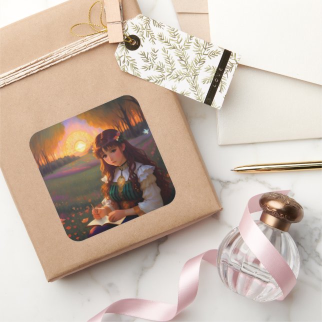 Cute Sad Anime Style Woman in Meadow at Sunset Square Sticker (Gifting)