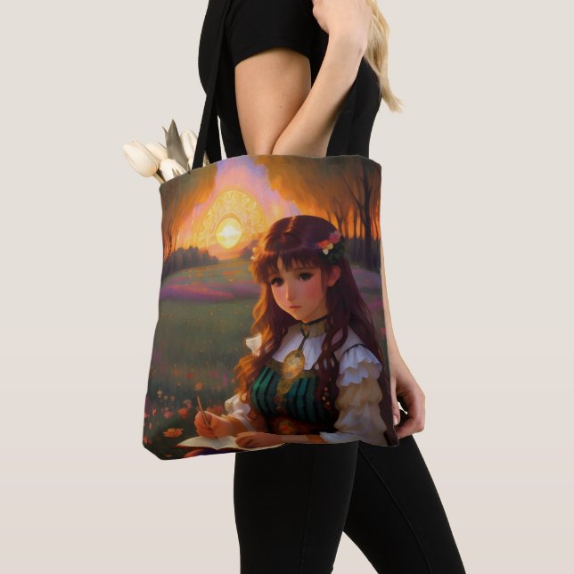Cute Sad Anime Style Woman in Meadow at Sunset Tote Bag (Close Up)