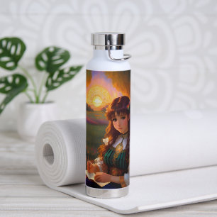 Cute Sad Anime Style Woman in Meadow at Sunset Water Bottle
