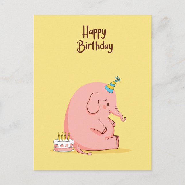 Cute Sad Elephant Birthday Card – Whimsical Pastel (Front)