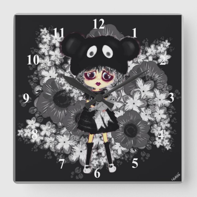 Cute Sad Gothic Girl Kawaii PinkyP by LeahG Square Wall Clock (Front)