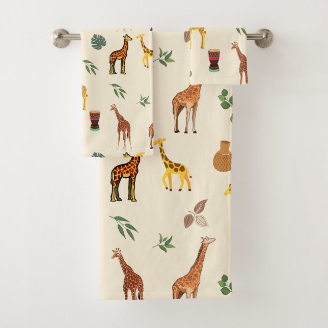Cute Safari Africa Themed Giraffe Beige Tribal  Bath Towel Set (Insitu)