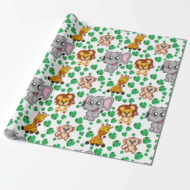 Cute Safari Animal Cartoon Jungle Pattern Birthday Wrapping Paper (Unrolled)