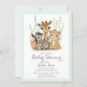 Cute Safari Animal Green Baby Shower Invitation