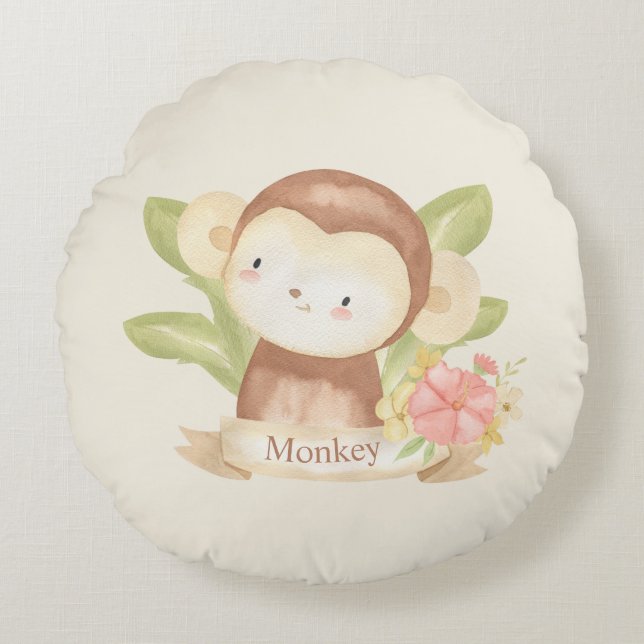 Cute Safari Animal Green Stripes Baby Monkey Baby Round Cushion (Front)