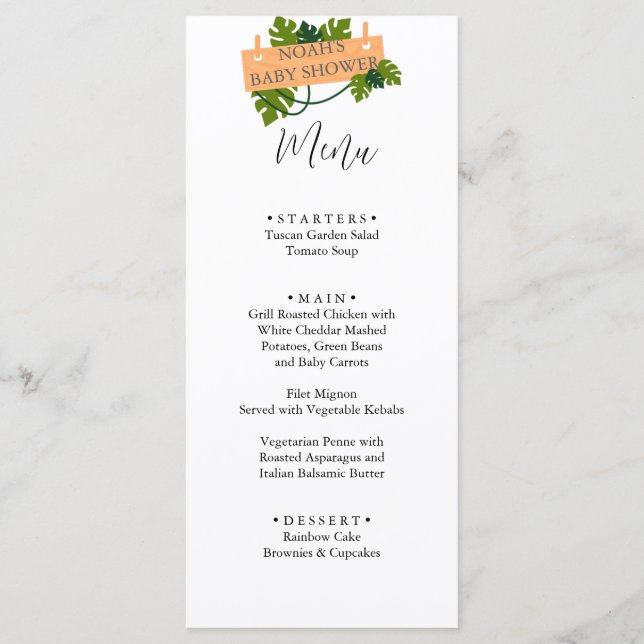 Cute Safari animal greenery baby shower Menu (Front)