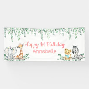 Cute Safari Animal Greenery Jungle First Birthday Banner